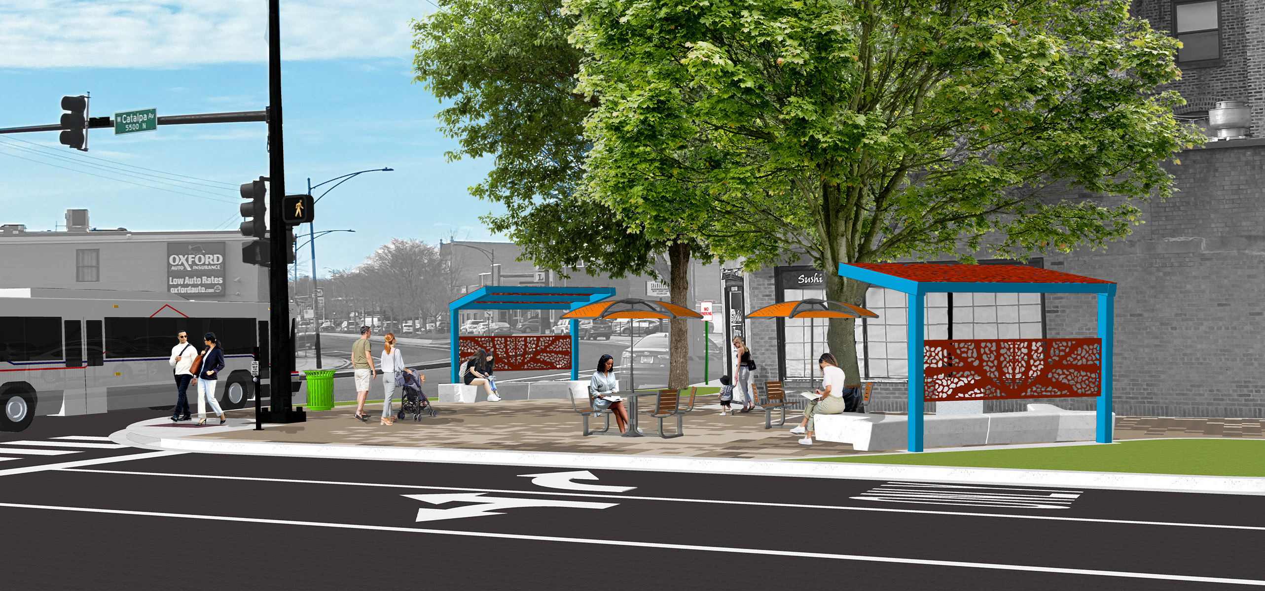 Rendering of a community gathering space at Catalpa Ave with people gathered on benches 